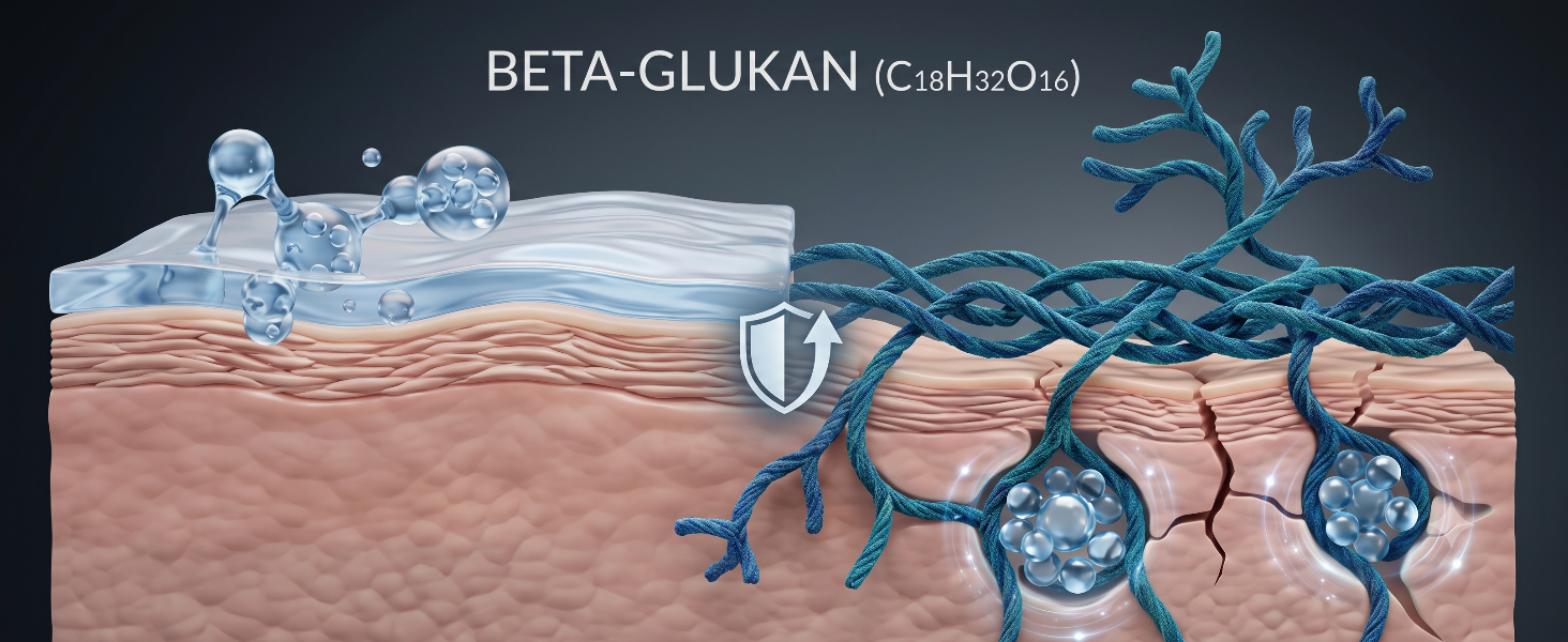 Wissenschaftliche Darstellung der Beta-Glukan Wirkung: Tiefenreparatur der Hautbarriere und molekulare Hydratation in der Epidermis.